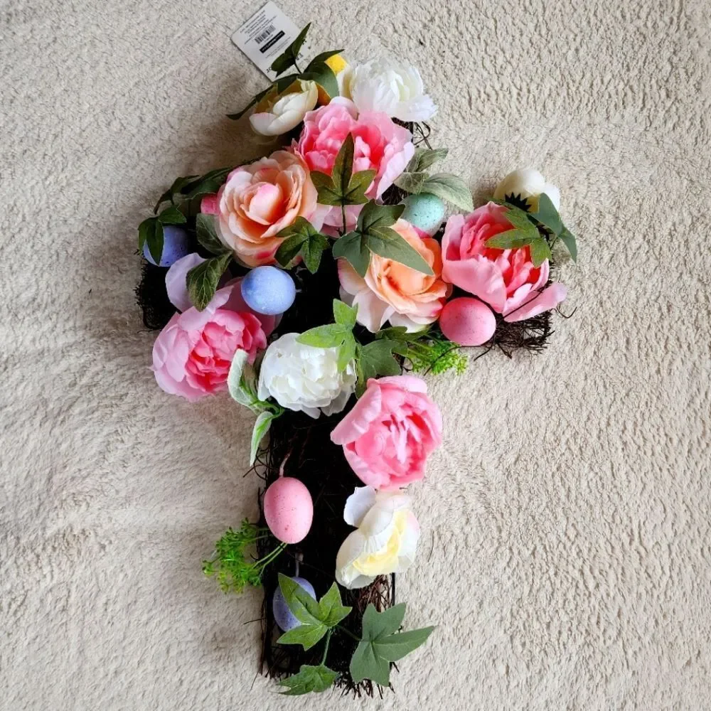 NEW SPRING / Easter Pink Peony Rose Eggs Natural Twig Cross Decoration / wreath